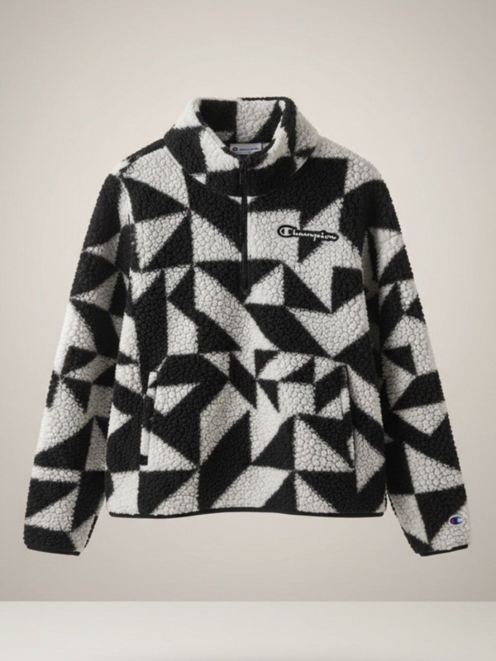 Champion Sherpa Fleece Quarter Zip Black White Geometric Pattern Pullover